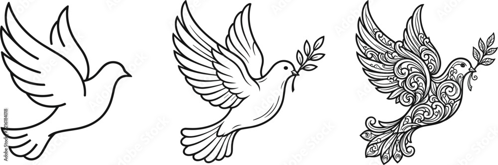 Fototapeta premium Flying Peace Dove Line Art Set with Olive Branch and Mandala Filigree Pattern for Freedom Symbols and International Peace Day Tattoo Designs