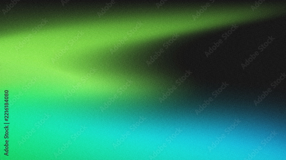 Fototapeta premium Abstract grainy textured background featuring smooth wavy gradient light streaks in bright green, cyan, and deep blue blending into black dark space.