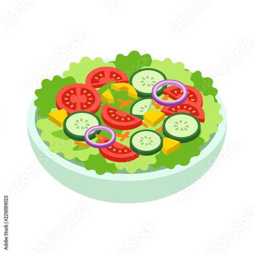 simple food icon vector of a fresh salad bowl with lettuce, tomato, cucumber, and vegetables, clean shapes, isometric proportion, solid colors, minimal design, isolated white background