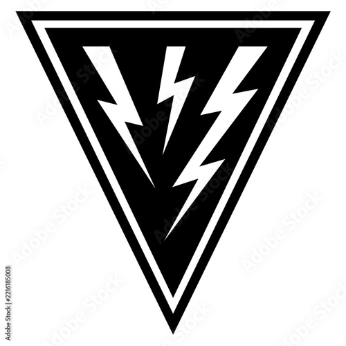 Black and white triangular heraldic shield with lightning bolts symbol