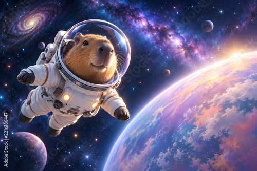Capybara astronaut floating in space beside a glowing planet