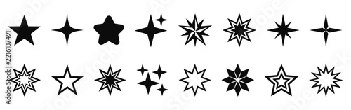 Sparkling star icons in black silhouette style are perfect for Christmas holiday magic and glowing decoration.