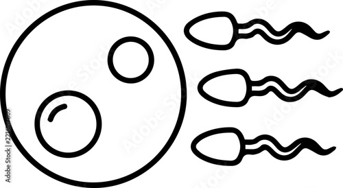 Simple black outline icon representing fertilization with an egg cell and multiple sperm approaching