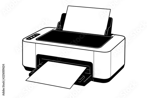 Office printer graphic symbol with printed paper sheet for workspace and business document concepts