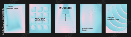 Soft pastel cyan and pink abstract gradient poster templates set. Vector vertical cover and layout designs with grid rounded squares, stair tunnel steps and curved concentric arch waves.