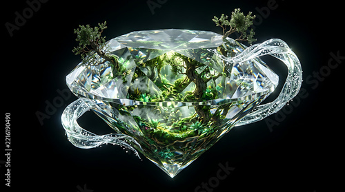 Surreal diamond terrarium with miniature bonsai tree inside, crystal jewel ecosystem art, glowing green nature gem floating concept