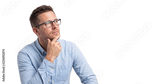 Thoughtful Man with Glasses Isolated on Transparent Background