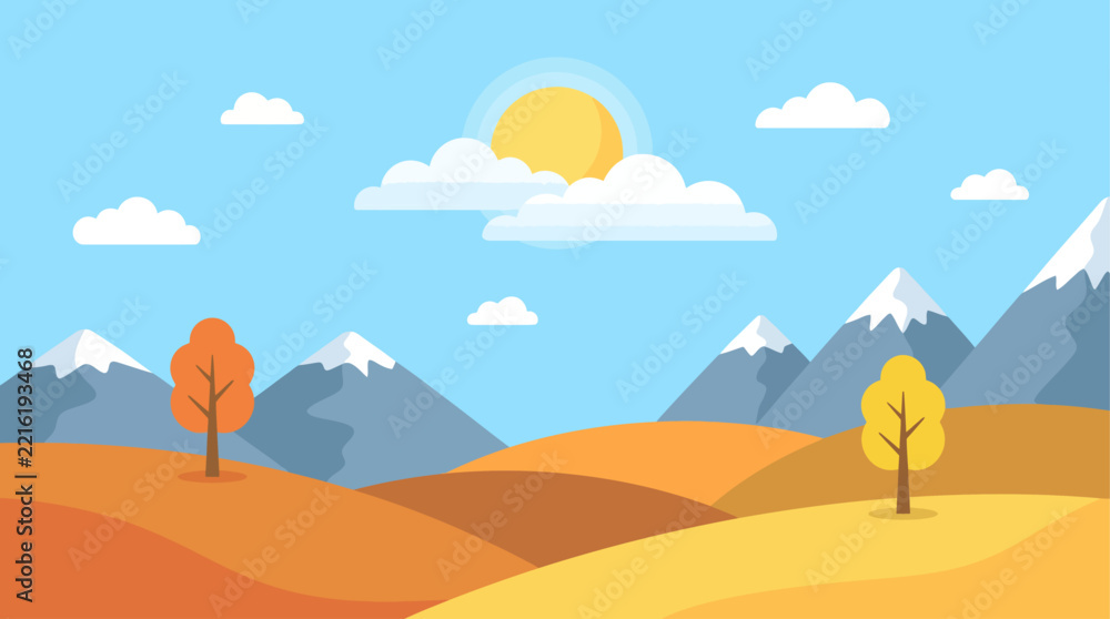 Fototapeta premium Flat line art vector illustration of an autumn mountain landscape with golden rolling hills, orange trees, and snowy peaks