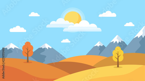 Flat line art vector illustration of an autumn mountain landscape with golden rolling hills, orange trees, and snowy peaks