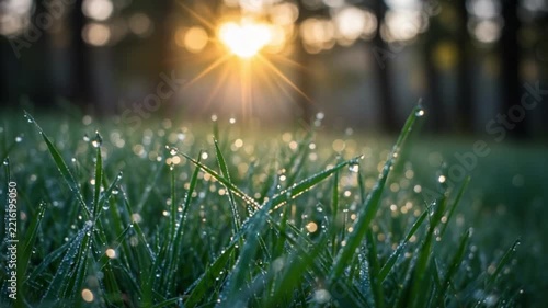 Dew-kissed grass at sunrise