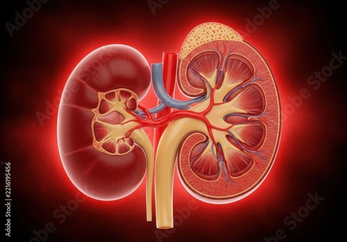 Human kidneys with blood vessels and ureter isolated on white background