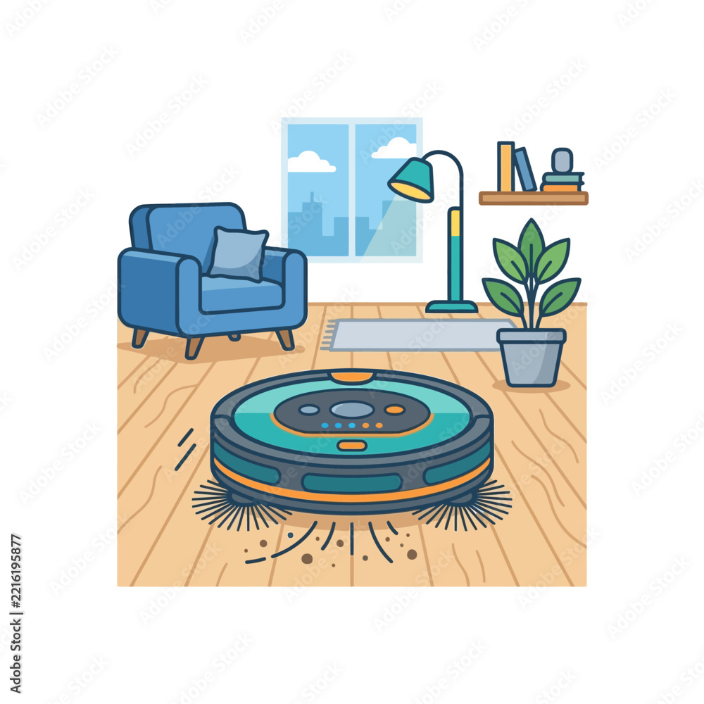 Fototapeta premium Robotic Vacuum Cleaner Cleaning Floor in Living Room with Furniture, Isolated Illustration