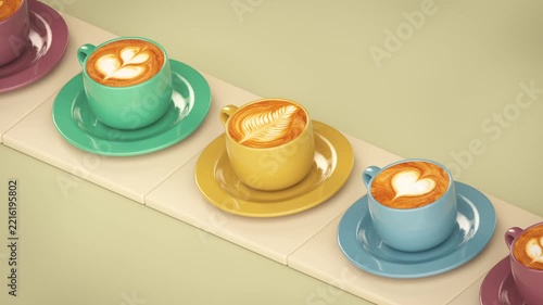 3D render seamless loop animation of colorful coffee cups and saucers with heart, tulip and rosetta latte art moving along a conveyor belt in an isometric view.