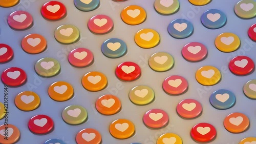 Colorful glossy heart reaction buttons rotate and fall onto iridescent surface. Playful 3D Render Animation representing love, likes, social media engagement and digital interaction