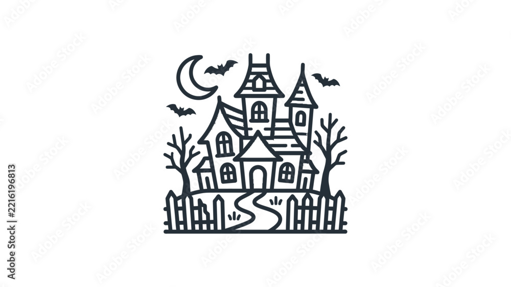 Obraz premium Haunted House with Bats and Moon - Spooky Halloween Vector Illustration