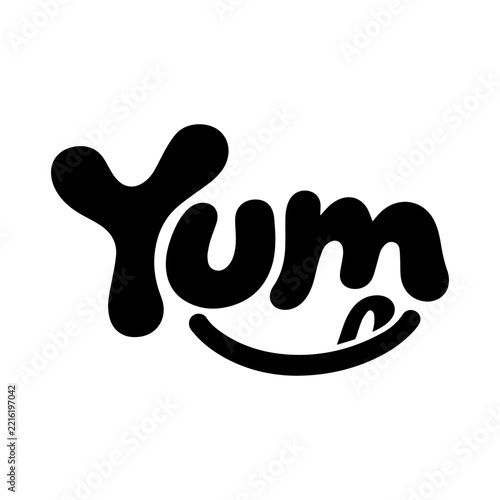Playful Yum Lettering with Curved Smile and Tongue on White Background
