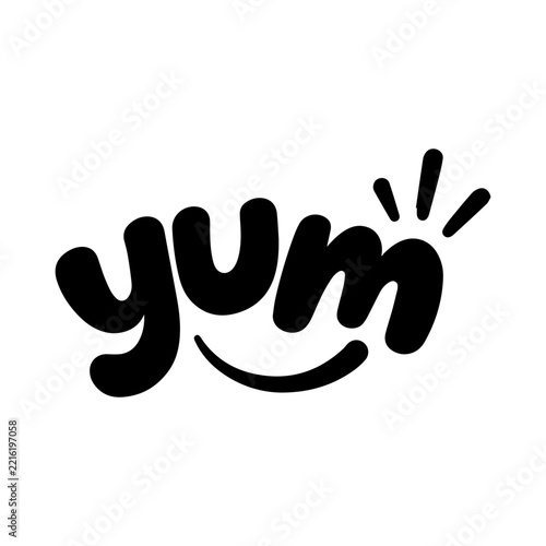 Yum Yum text. Only one single word. Printable graphic tee. Design doodle for print.