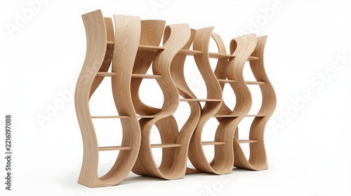 Wavy Wooden Shelving Unit with Unique Undulating Vertical Dividers