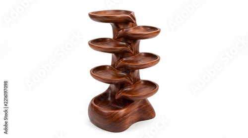 Wooden cascading tiered water fountain sculpture on white