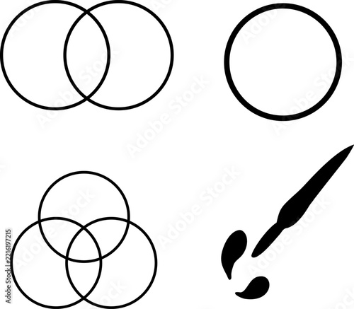 Set of black geometric shapes including intersecting circles, a single circle, and a paintbrush on white background