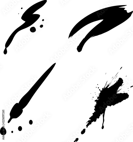 Four black ink brush strokes and splatters with varying textures isolated on a clean white background surface