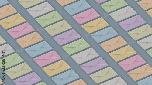 Colorful pastel envelopes arranged in a pattern. Concept of email, messaging, digital communication, correspondence, inbox and online communication. 3D Render Seamless Loop Animation