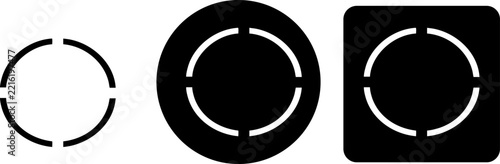 Three variations of a circular target with segmented lines on white, black circle, and black square backgrounds