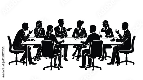 Business people silhouettes sitting at a conference table during a meeting