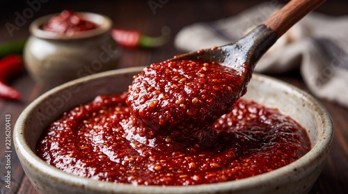 Close-up of rich, spicy Korean gochujang paste being scooped from a bowl with a wooden spoon.