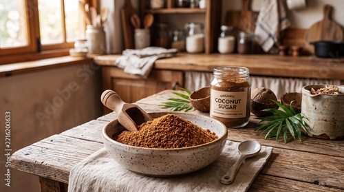 Organic coconut sugar in a bowl and jar, accompanied by fresh coconuts and palm leaves in a kitchen setting.