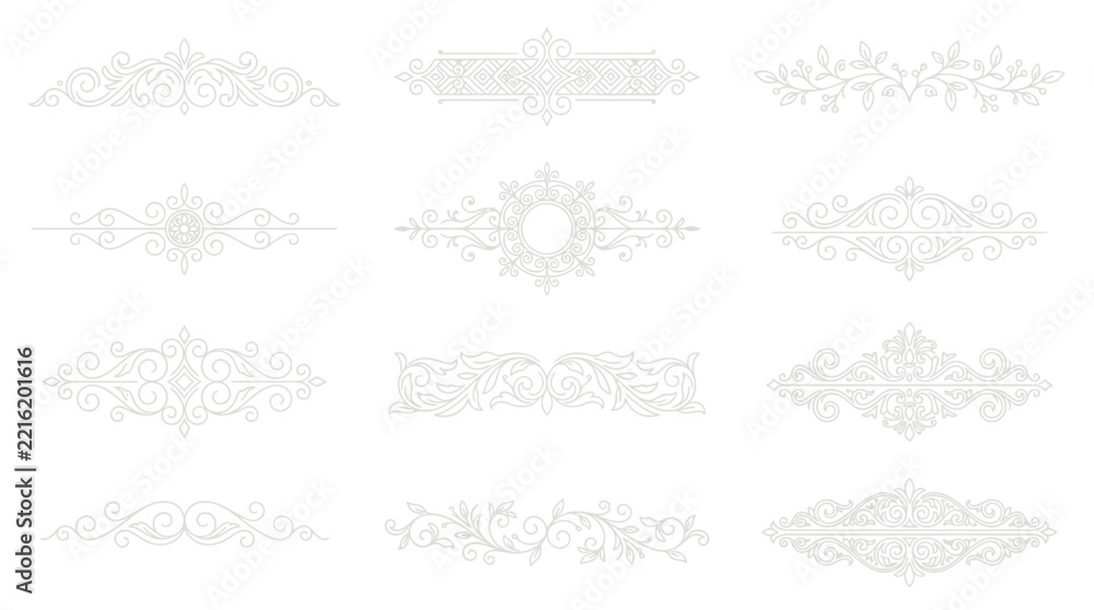 Fototapeta premium Ornate Decorative Borders Set, Vintage Flourish Elements Isolated