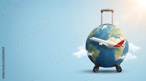 A spherical suitcase shaped like planet earth with an airplane flying above against blue background with trip