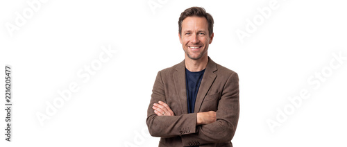 Smiling Man in Brown Blazer Isolated on Transparent Background