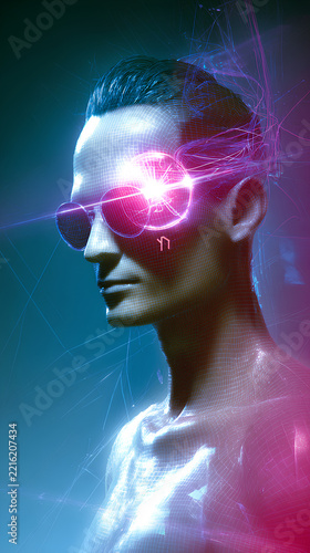 Neural Network Node - A worker physically connected to their computer via glowing data cables plugged into their temples