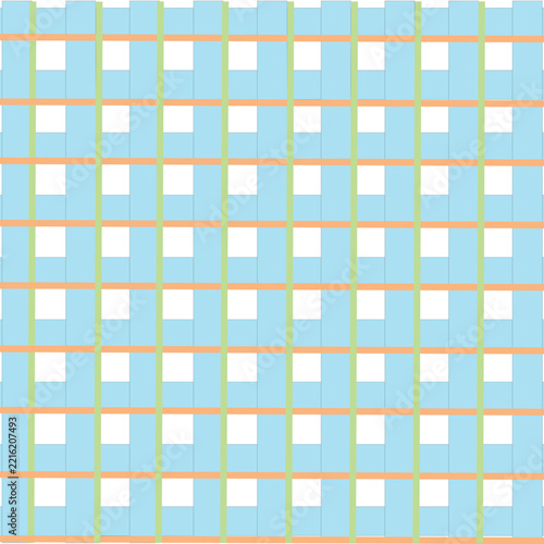 Seamless geometric pattern light blue squares in a grid, bordered by white, green, and orange lines. Modern and fresh for backgrounds, textiles, graphic designs