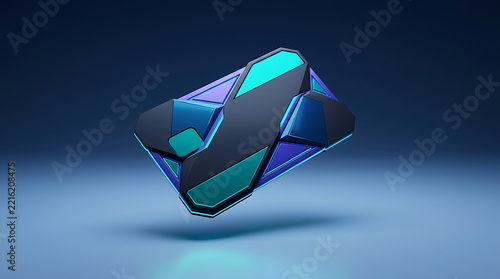 Futuristic metallic cyber pass card, glowing blue 3D geometric sci-fi keycard object, modern digital security token asset