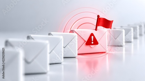3D render of an email envelope with a red warning flag and exclamation mark symbol representing cyber security threat, phishing attack, spam detection, or malicious data breach alert.
