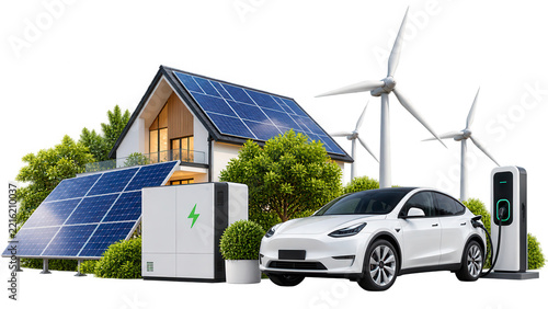 Sustainable living featuring green home, electric car, and renewable energy