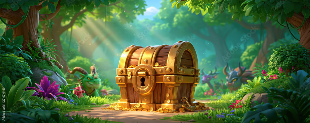 Fototapeta premium Golden treasure chest in lush forest clearing with sunlight, flowers, and playful woodland creature
