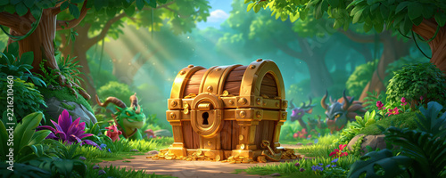 Golden treasure chest in lush forest clearing with sunlight, flowers, and playful woodland creature