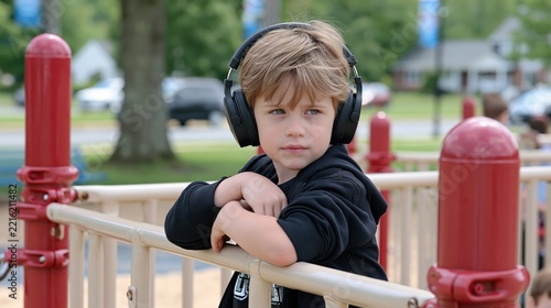 Young boy wearing headphones on a playground rests his arms on a railing.