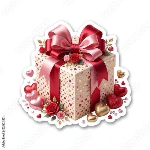 Valentine Gift Box Die Cut Sticker with Roses and Decorative Hearts