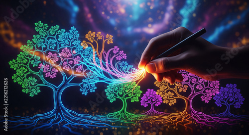 A hand drawing a colorful glowing network of interconnected fractal trees