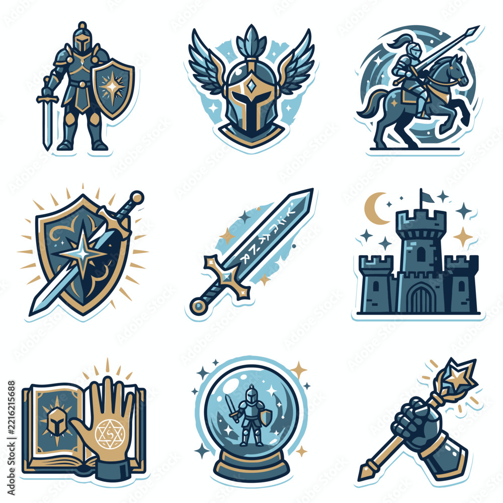 Naklejka premium Set of medieval fantasy RPG game elements and equipment stickers.
