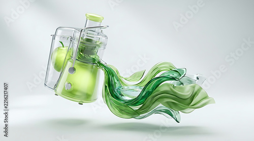 Modern Juicer Machine Pouring Fresh Green Apple Juice, Flying Liquid Splash Motion Concept, Kitchen Appliance Design