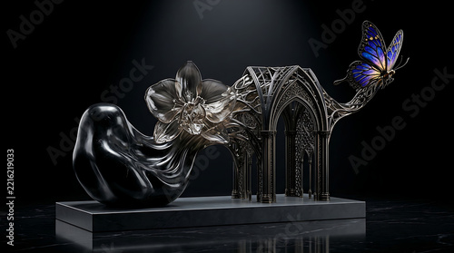 Ornate gothic architecture sculpture with glowing blue butterfly, dark metallic art installation centerpiece, surreal abstract fantasy artwork on black background