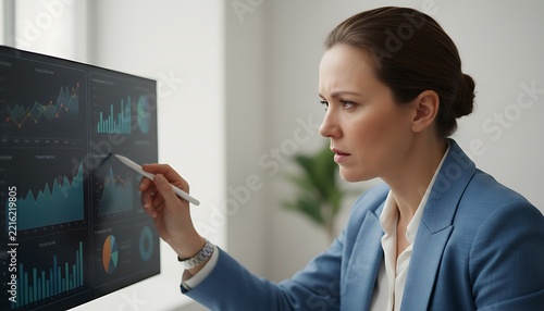 Professional business woman analyzing financial data charts on a digital screen in a modern office environment