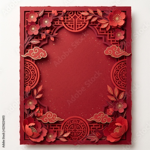 Traditional Red Paper Cut Lunar New Year Greeting Card Background with Gold Accents