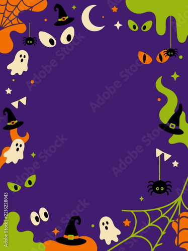 Cute Halloween border frame with ghosts spiders and pumpkins.