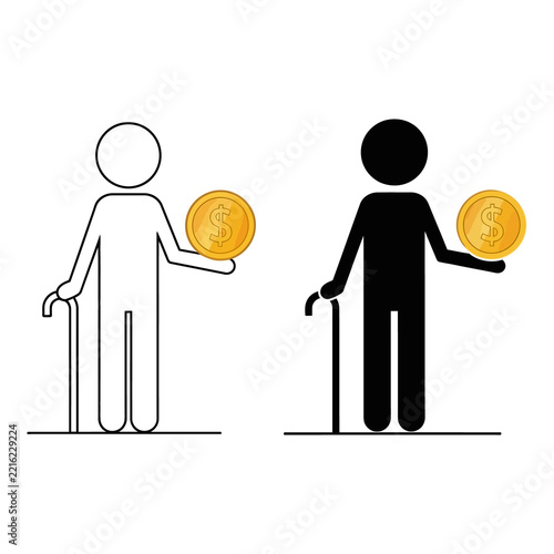 Elderly person icon set holding a golden dollar coin and walking stick